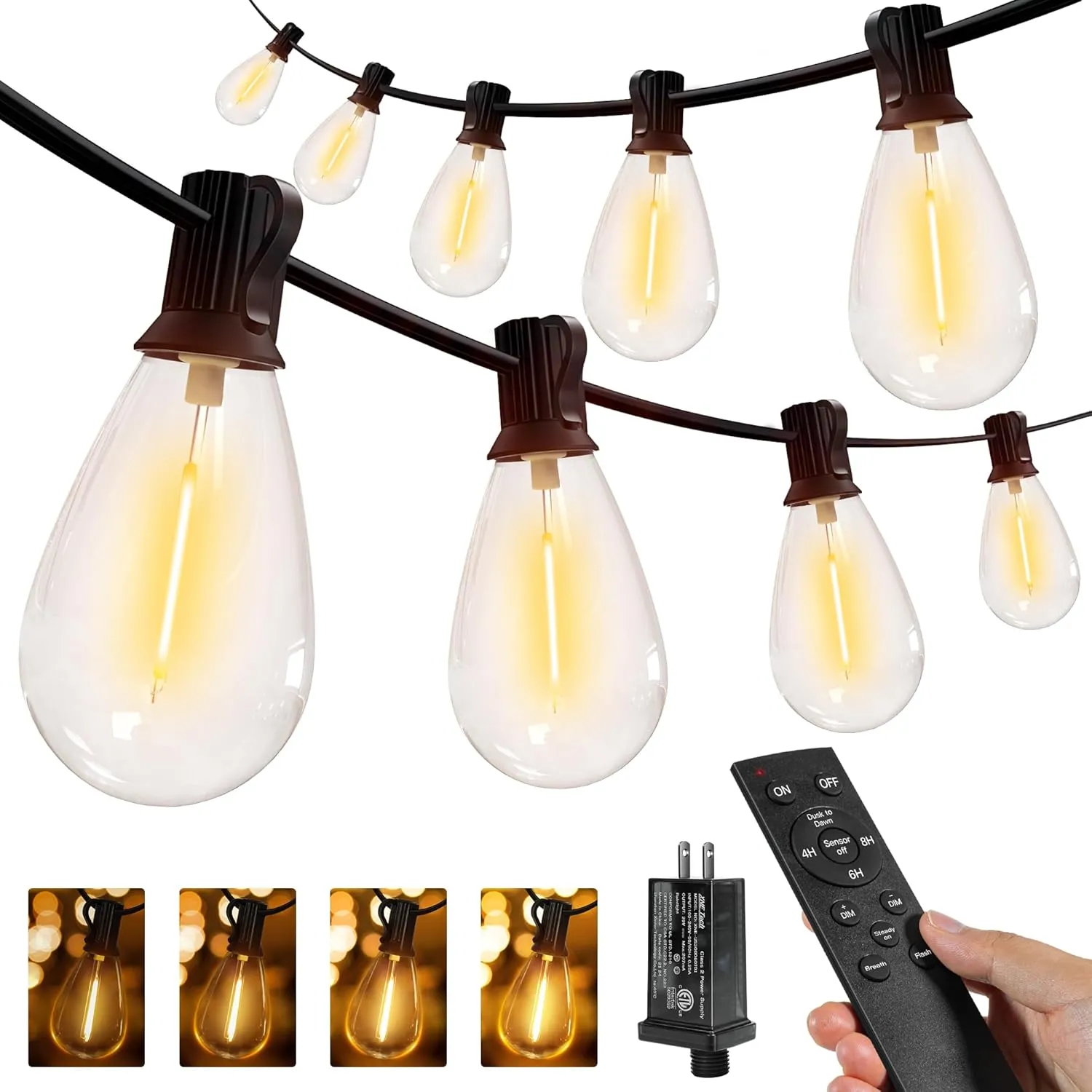 Ollny S11 100FT Outdoor String Lights with Remote, Plug in Waterproof Connectable 3 Modes Dimmable Timers Patio Lights with 48 2 LED Spare Bulbs, Dusk to Dawn Outdoor Light for Outside Bistro Yard