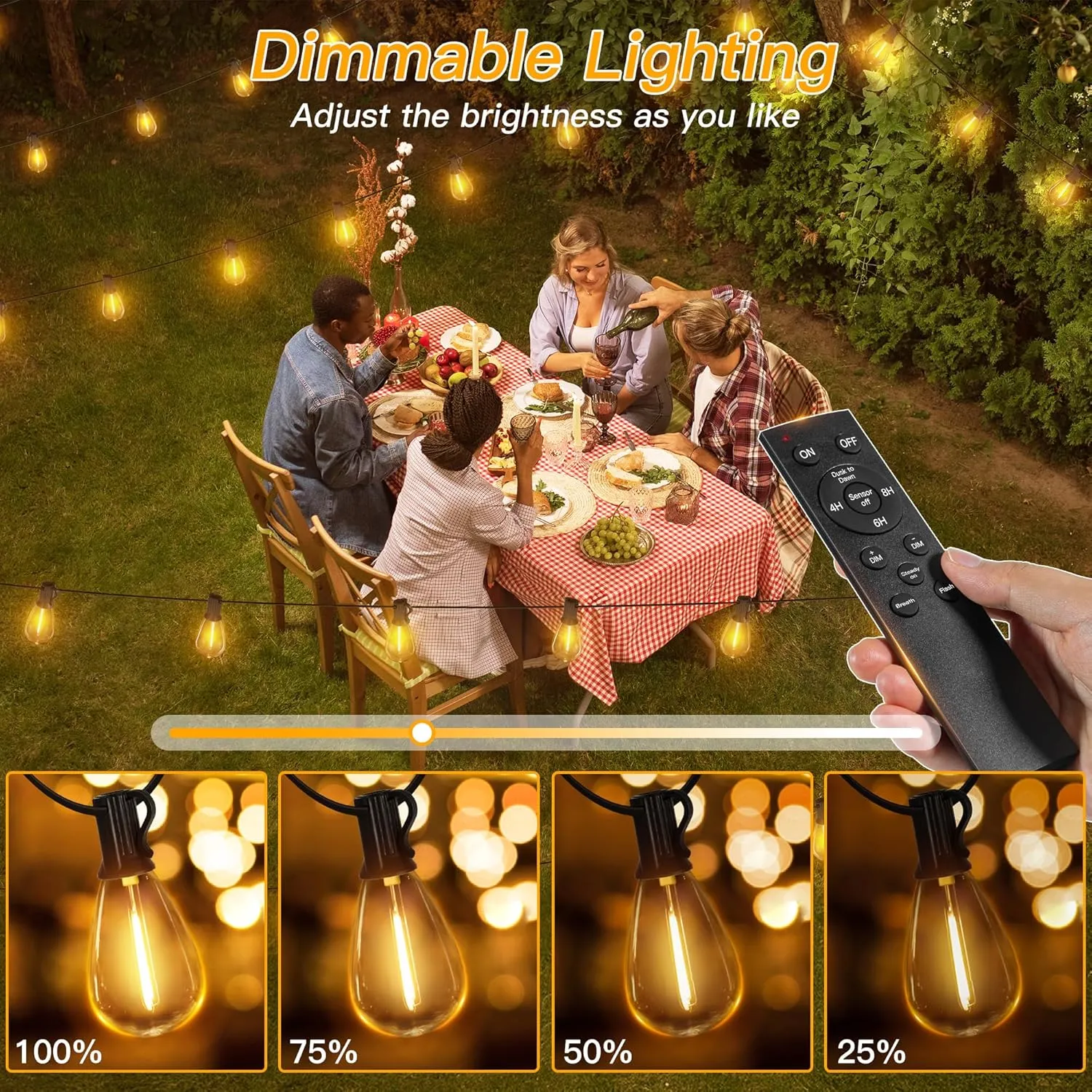 Ollny S11 100FT Outdoor String Lights with Remote, Plug in Waterproof Connectable 3 Modes Dimmable Timers Patio Lights with 48 2 LED Spare Bulbs, Dusk to Dawn Outdoor Light for Outside Bistro Yard