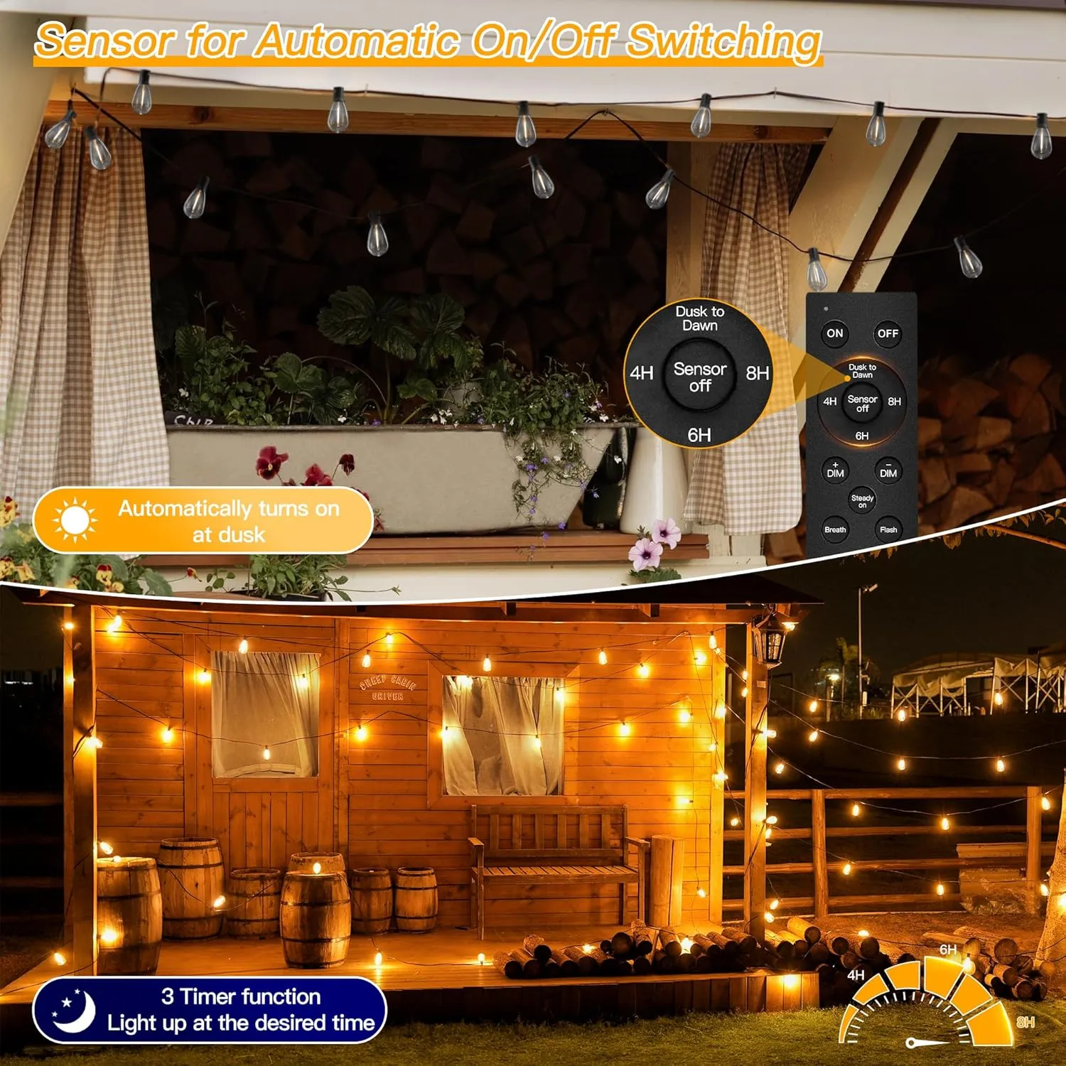 Ollny S11 100FT Outdoor String Lights with Remote, Plug in Waterproof Connectable 3 Modes Dimmable Timers Patio Lights with 48 2 LED Spare Bulbs, Dusk to Dawn Outdoor Light for Outside Bistro Yard