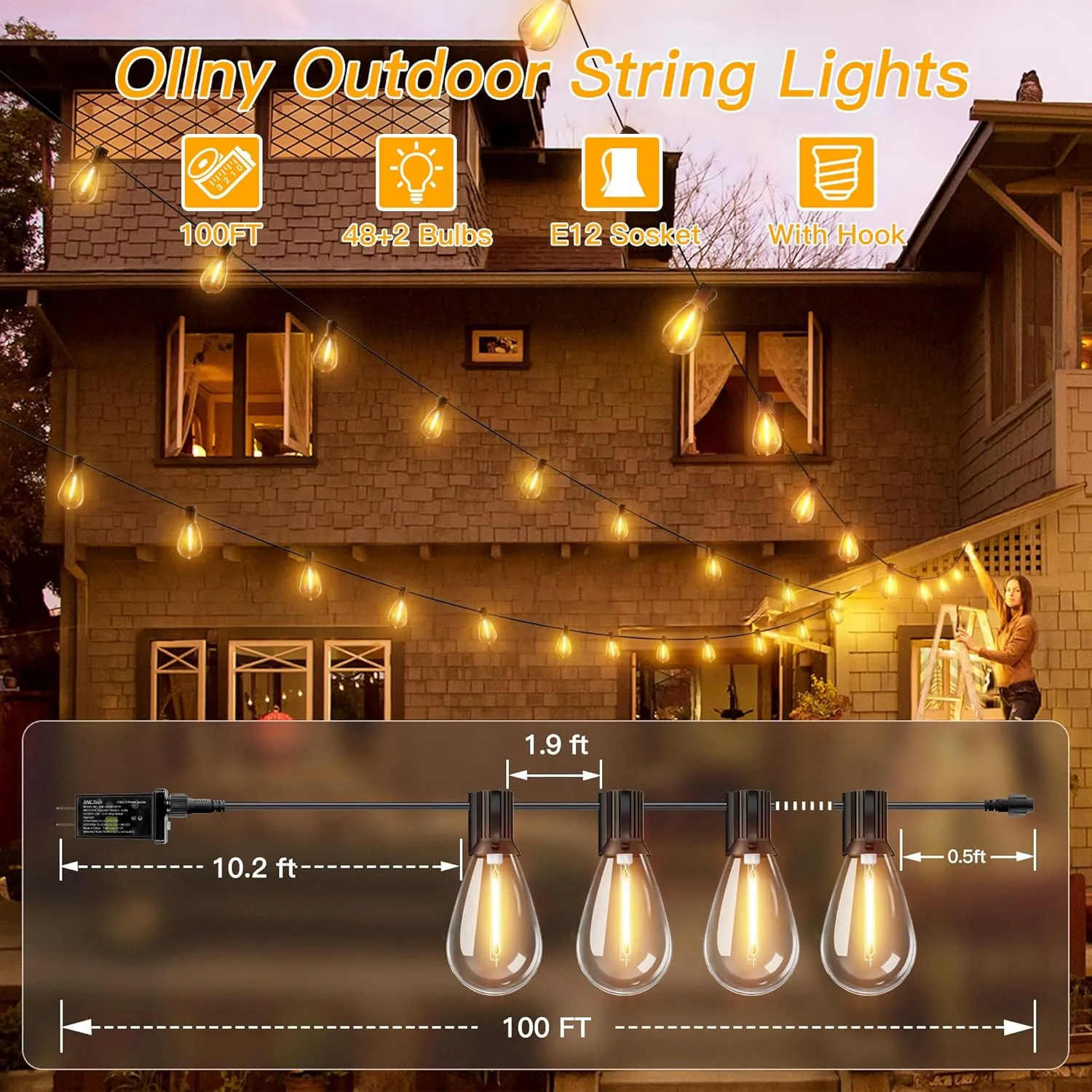 Ollny S11 100FT Outdoor String Lights with Remote, Plug in Waterproof Connectable 3 Modes Dimmable Timers Patio Lights with 48 2 LED Spare Bulbs, Dusk to Dawn Outdoor Light for Outside Bistro Yard