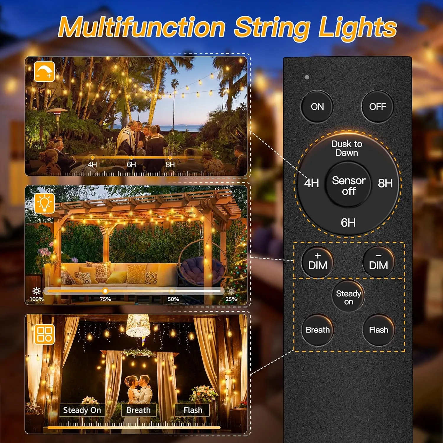 Ollny S11 100FT Outdoor String Lights with Remote, Plug in Waterproof Connectable 3 Modes Dimmable Timers Patio Lights with 48 2 LED Spare Bulbs, Dusk to Dawn Outdoor Light for Outside Bistro Yard