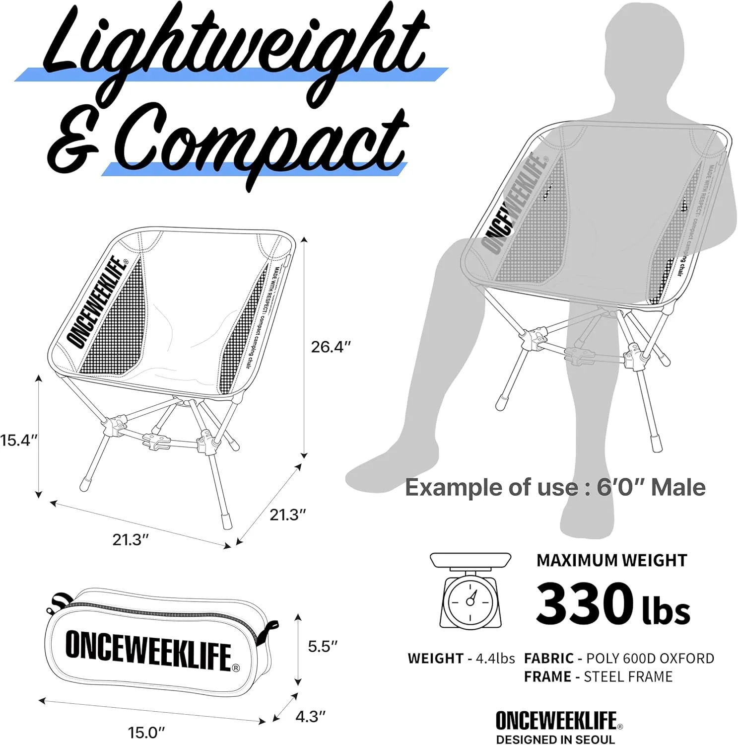 ONCEWEEKLIFE® Compact Camping Chair - Folding Chair, Foldable Lightweight Foldable Outdoor Chairs for Hiking Mountaineering Beach, and Backpacking 330 lbs Capacity (Black)