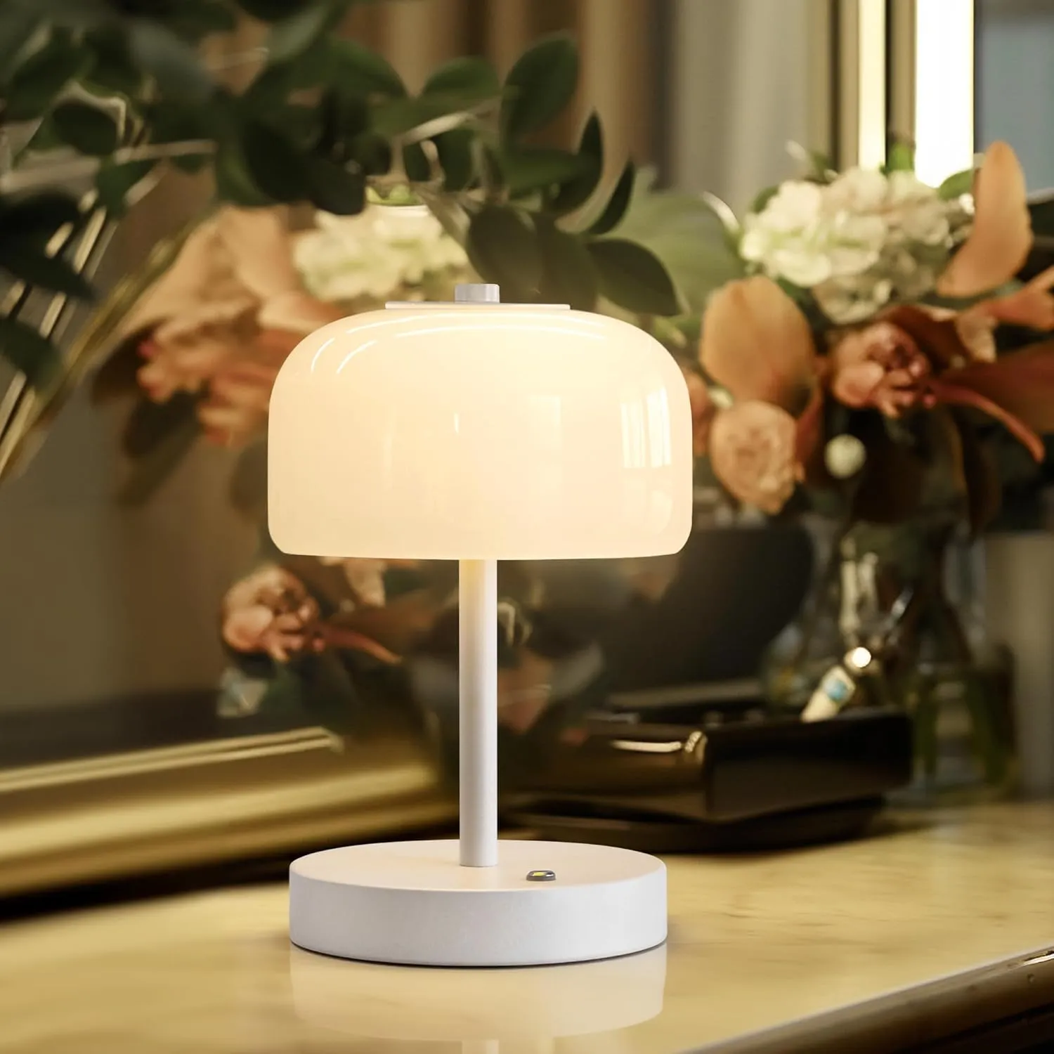 Oneach 2 Pack Cordless Table Lamps, 9" Portable Rechargeable Battery Powered Desk Lamps, Opal Glass Shade, 3 Level Brightness Dimmable, Mushroom Table Lamps for Bedroom, Living Room, Outdoor, White