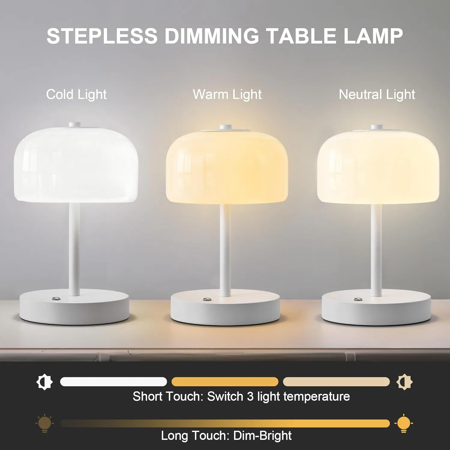 Oneach 2 Pack Cordless Table Lamps, 9" Portable Rechargeable Battery Powered Desk Lamps, Opal Glass Shade, 3 Level Brightness Dimmable, Mushroom Table Lamps for Bedroom, Living Room, Outdoor, White