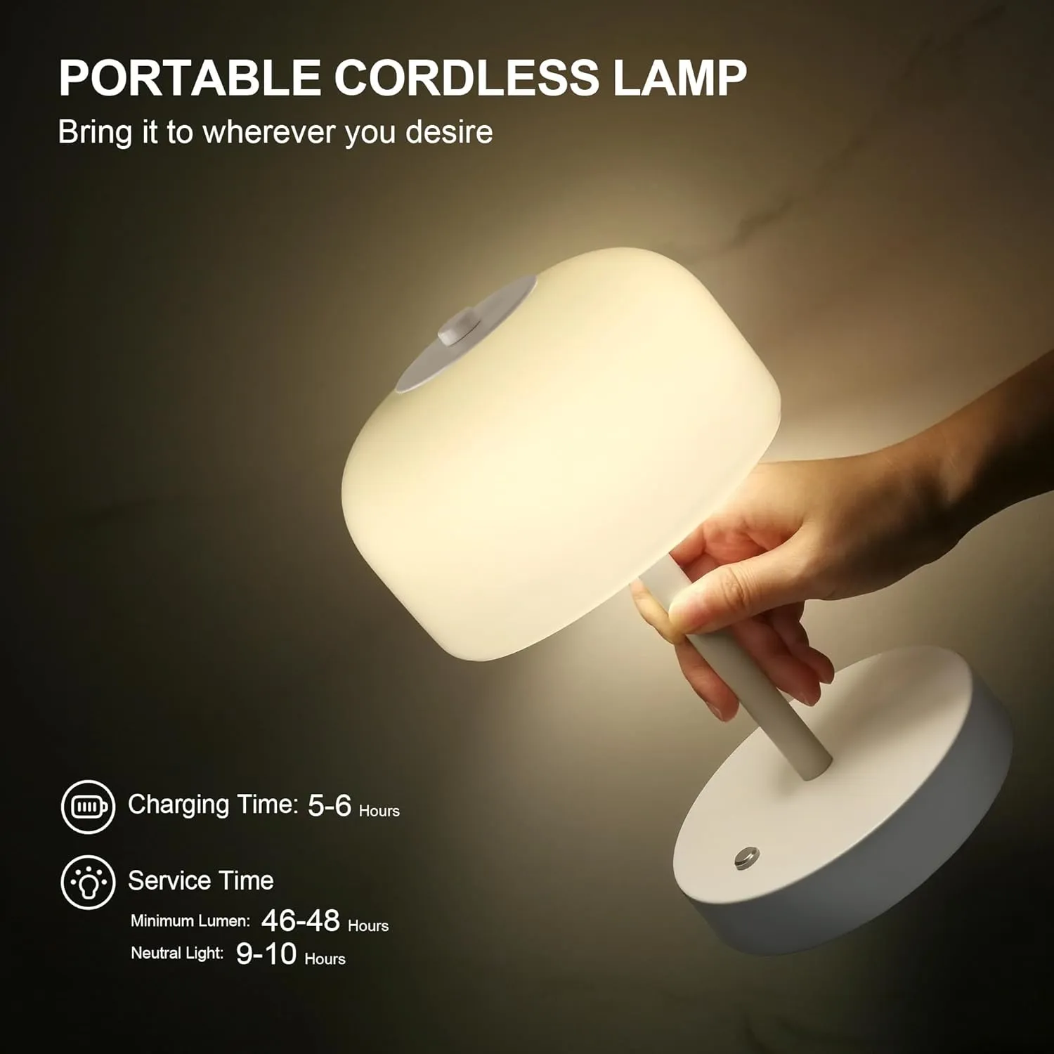 Oneach 2 Pack Cordless Table Lamps, 9" Portable Rechargeable Battery Powered Desk Lamps, Opal Glass Shade, 3 Level Brightness Dimmable, Mushroom Table Lamps for Bedroom, Living Room, Outdoor, White