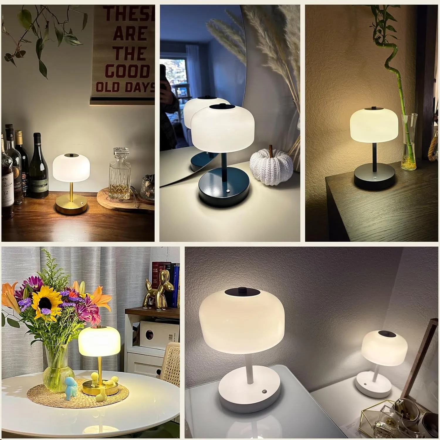 Oneach 2 Pack Cordless Table Lamps, 9" Portable Rechargeable Battery Powered Desk Lamps, Opal Glass Shade, 3 Level Brightness Dimmable, Mushroom Table Lamps for Bedroom, Living Room, Outdoor, White