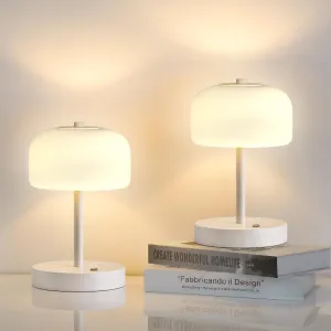 Oneach 2 Pack Cordless Table Lamps, 9" Portable Rechargeable Battery Powered Desk Lamps, Opal Glass Shade, 3 Level Brightness Dimmable, Mushroom Table Lamps for Bedroom, Living Room, Outdoor, White