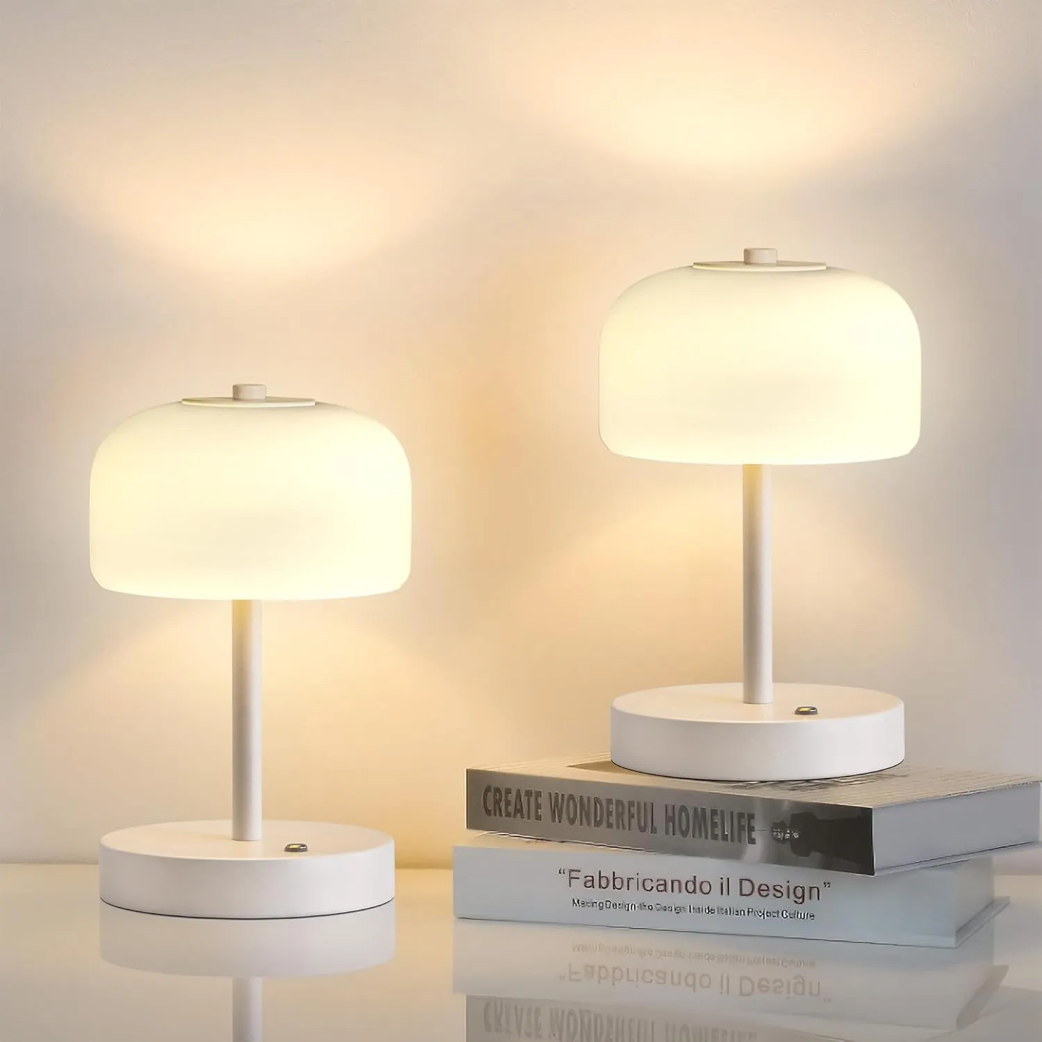 Oneach 2 Pack Cordless Table Lamps, 9" Portable Rechargeable Battery Powered Desk Lamps, Opal Glass Shade, 3 Level Brightness Dimmable, Mushroom Table Lamps for Bedroom, Living Room, Outdoor, White