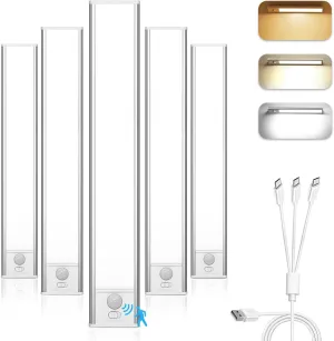 Onforu Under Cabinet Lighting, 3 Color Temps Motion Activated LED Closet Lights, 1500mAh Rechargeable Battery Operated, 54 LED Dimmable Magnetic Under Counter Lights for Kitchen, Stairs (5 Pack)