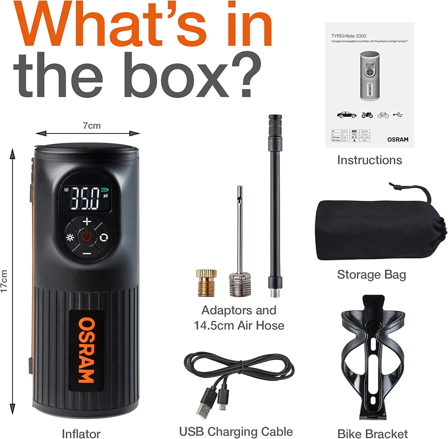 Osram OTIR2000 TYREinflate 2000 Compact Pump with LED Light, Portable Compressor