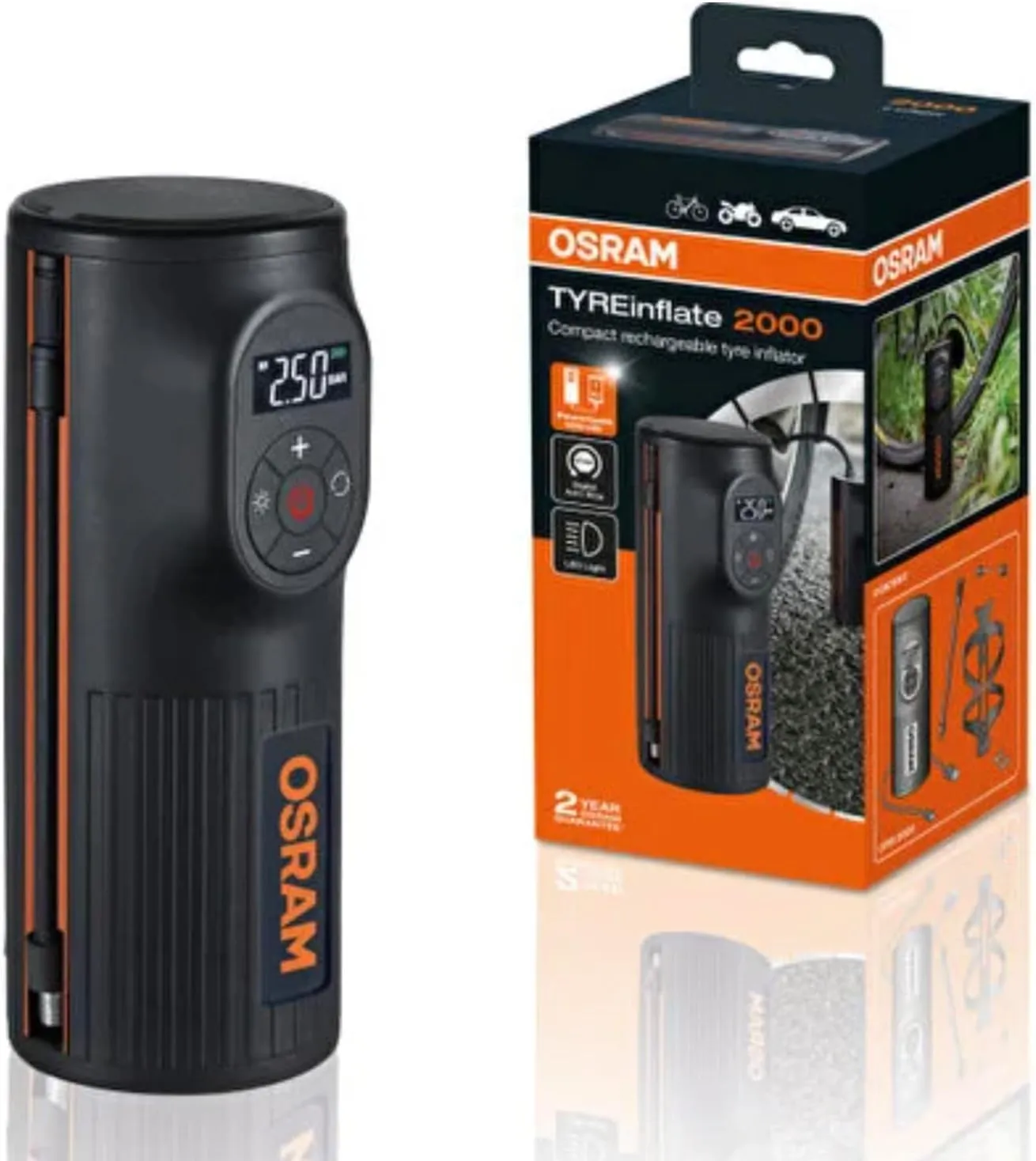 Osram OTIR2000 TYREinflate 2000 Compact Pump with LED Light, Portable Compressor
