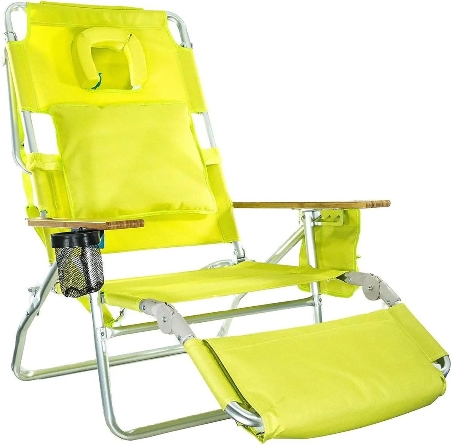 Ostrich Deluxe 3 in 1 Beach Chair with Face Opening - Portable, Reclining Lounger for Tanning - Face Hole for Reading on Stomach - Padded Footrest, Removable Pillow - Aluminum (Green)