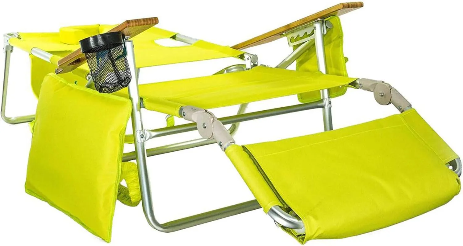 Ostrich Deluxe 3 in 1 Beach Chair with Face Opening - Portable, Reclining Lounger for Tanning - Face Hole for Reading on Stomach - Padded Footrest, Removable Pillow - Aluminum (Green)