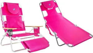Ostrich Portable Deluxe 3-in-1 Padded Sports Chair w/5 Positions and Footrest & Chaise Lounge Folding Steel Frame Beach Chair w/4 Positions, Pink