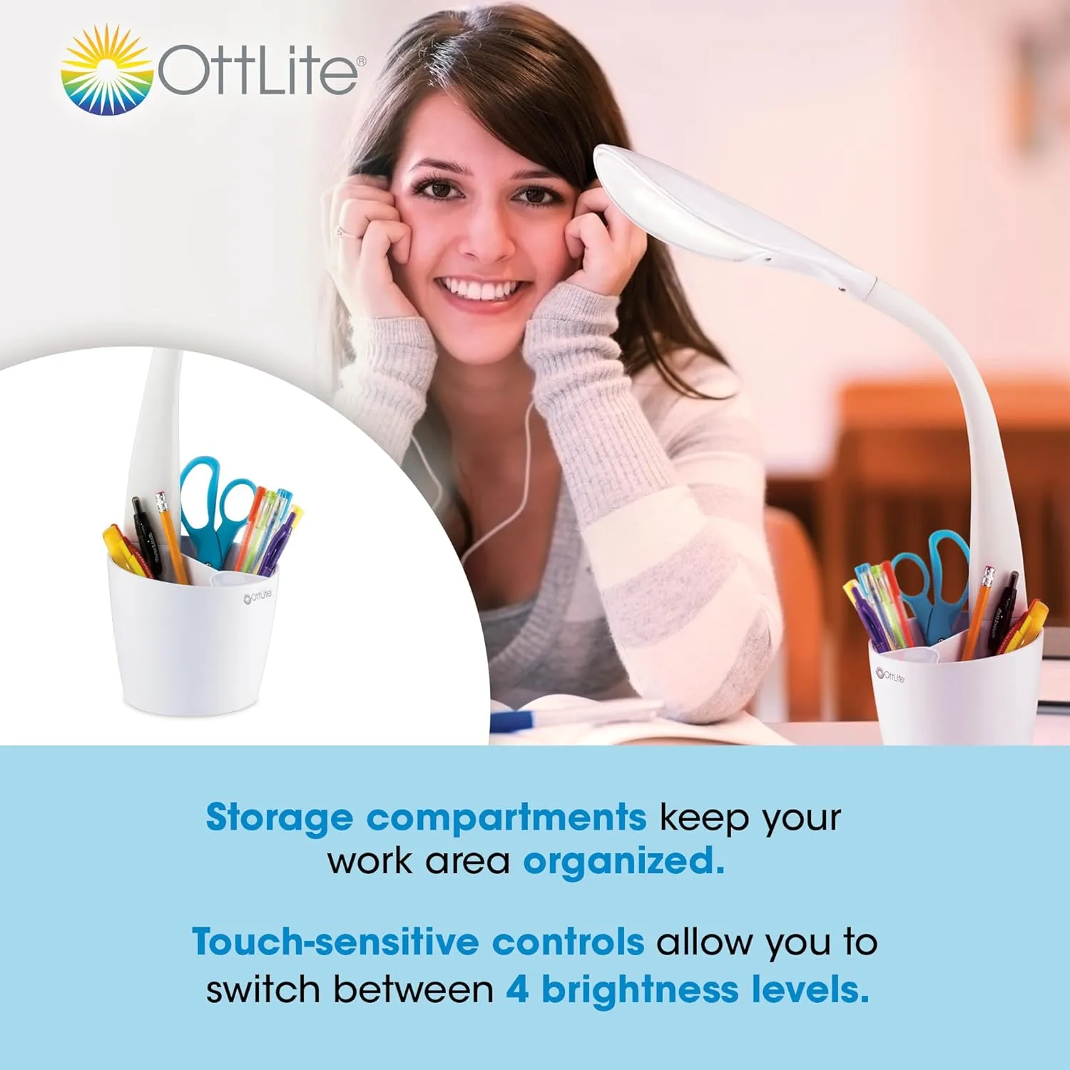 OttLite LED Desk Lamp Space Organizer with Flexible Neck Height - 4 Brightness Settings with Touch Activated Controls, Energy-Efficient Natural Daylight LEDs for Home Office, Desk, & Dorms