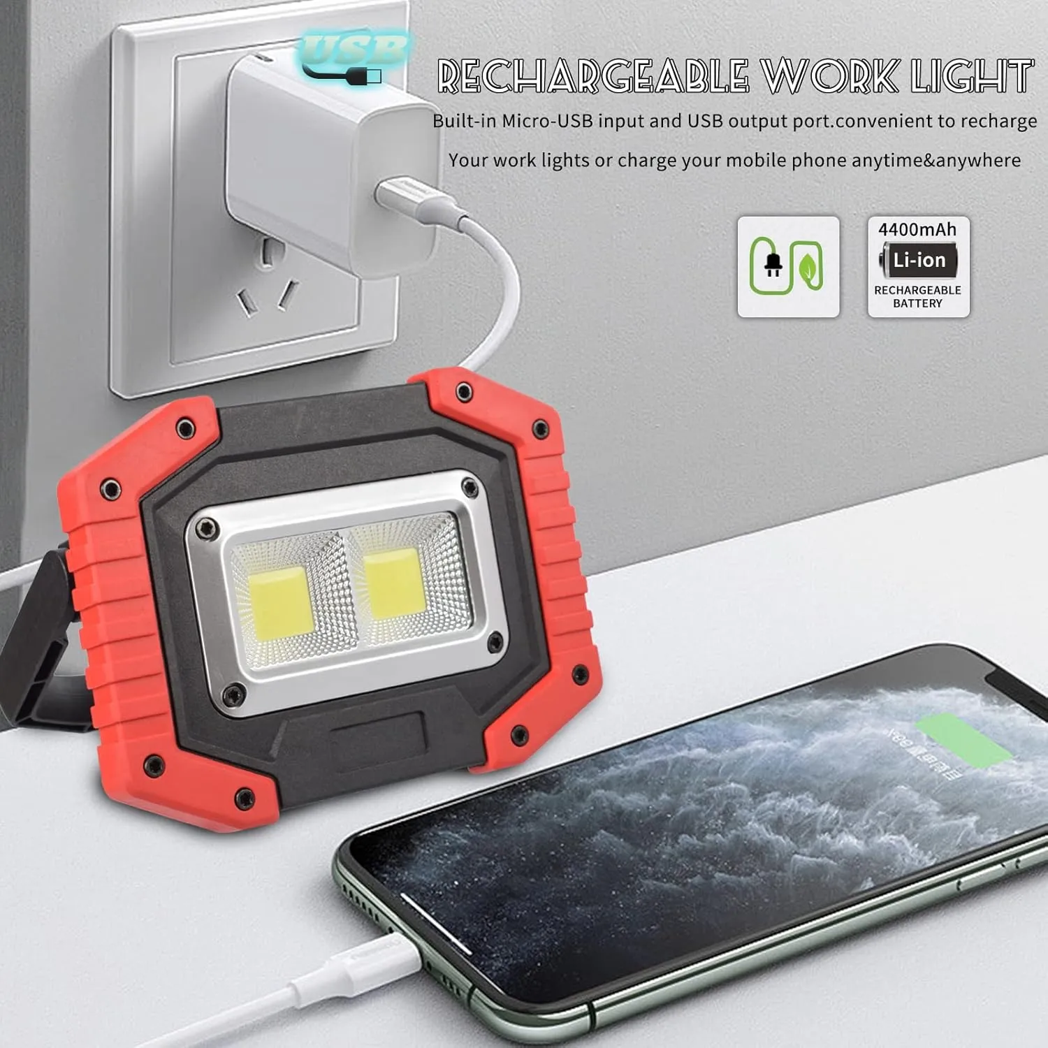 OTYTY LED Work Light 2-Pack, 30W 1500LM Portable Rechargeable Flood Lights with Magnetic Base, 4200mAh Battery for Outdoor, Camping, Hiking, Emergency, Car Repairing, Job Site Lighting (W840 Red)