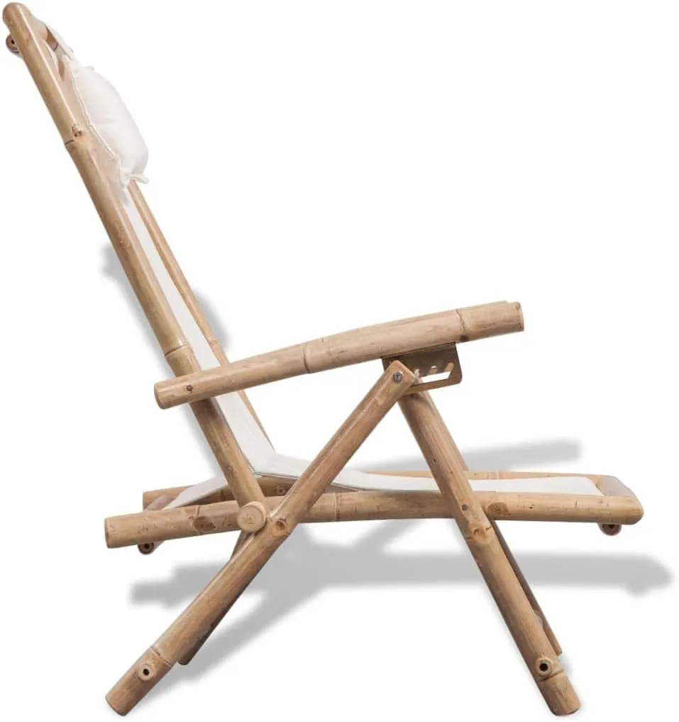 Outdoor Bamboo Deck Chair Adjustable Recliner Folding Patio Lounge Chair with Pillow White Canvas Seating for Garden, Beach, and Patio