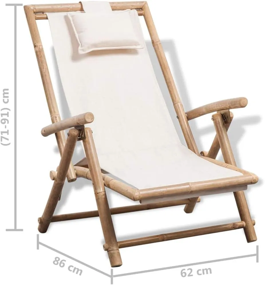Outdoor Bamboo Deck Chair Adjustable Recliner Folding Patio Lounge Chair with Pillow White Canvas Seating for Garden, Beach, and Patio