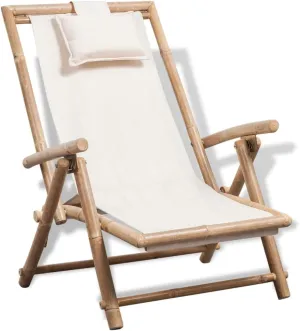 Outdoor Bamboo Deck Chair Adjustable Recliner Folding Patio Lounge Chair with Pillow White Canvas Seating for Garden, Beach, and Patio