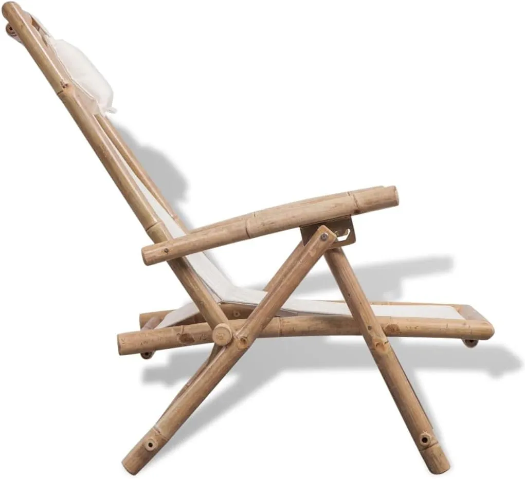 Outdoor Bamboo Deck Chair Adjustable Recliner Folding Patio Lounge Chair with Pillow White Canvas Seating for Garden, Beach, and Patio