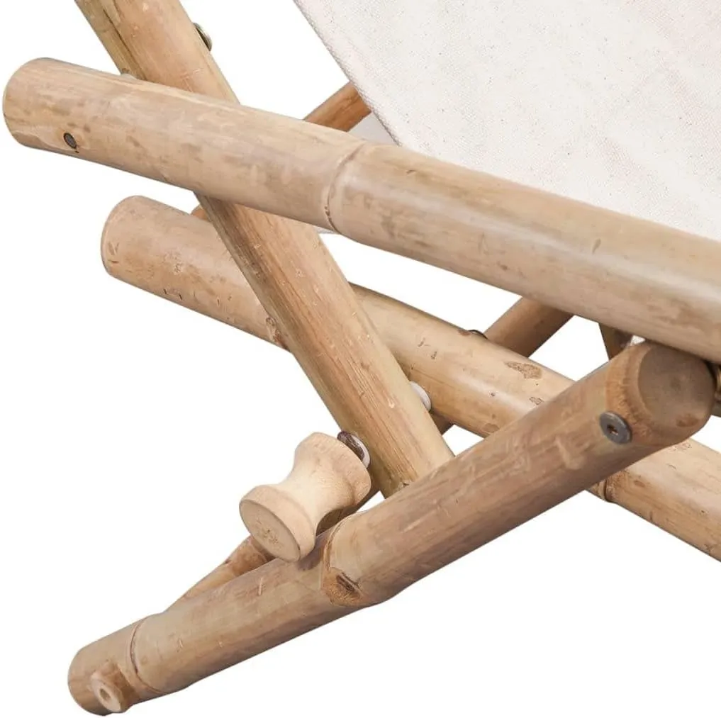 Outdoor Bamboo Deck Chair Adjustable Recliner Folding Patio Lounge Chair with Pillow White Canvas Seating for Garden, Beach, and Patio