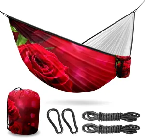 Outdoor Camping Hammock Red Roses Flower Double Single Hammocks with 2 Tree Straps, Lightweight Portable Heavy Duty Nylon Hammocks for Backpacking Travel Beach Backyard Patio Hiking
