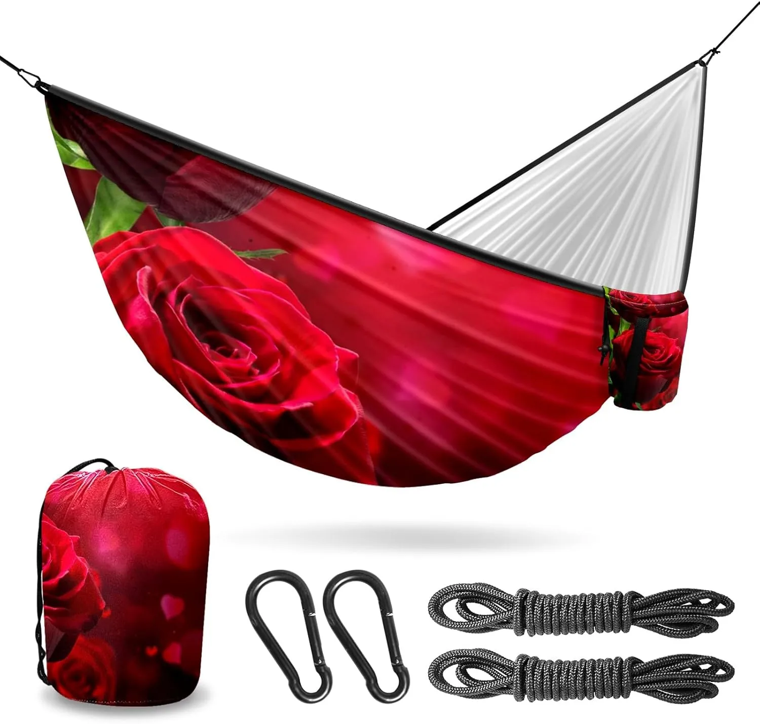 Outdoor Camping Hammock Red Roses Flower Double Single Hammocks with 2 Tree Straps, Lightweight Portable Heavy Duty Nylon Hammocks for Backpacking Travel Beach Backyard Patio Hiking