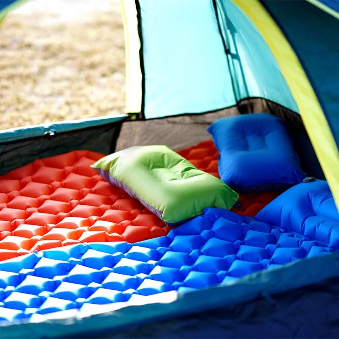 Outdoor Camping Sleeping Pad Inflatable Mattress with Pillows Ultralight Air Mat Built-in Inflator Pump Travel Hiking (Orange)