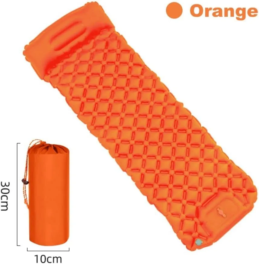 Outdoor Camping Sleeping Pad Inflatable Mattress with Pillows Ultralight Air Mat Built-in Inflator Pump Travel Hiking (Orange)