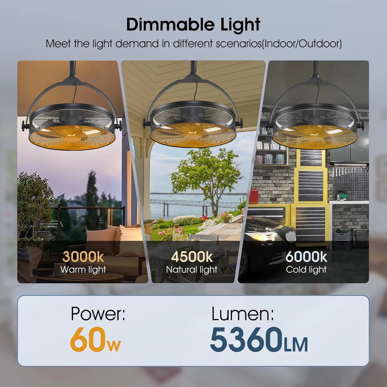 Outdoor Ceiling Fans with Lights for Garage,Gazebo Fan with Hook Remote&APP Control,Dimmable Hanging Fan with Plug in Cord for Pergola、Patios,Yellow