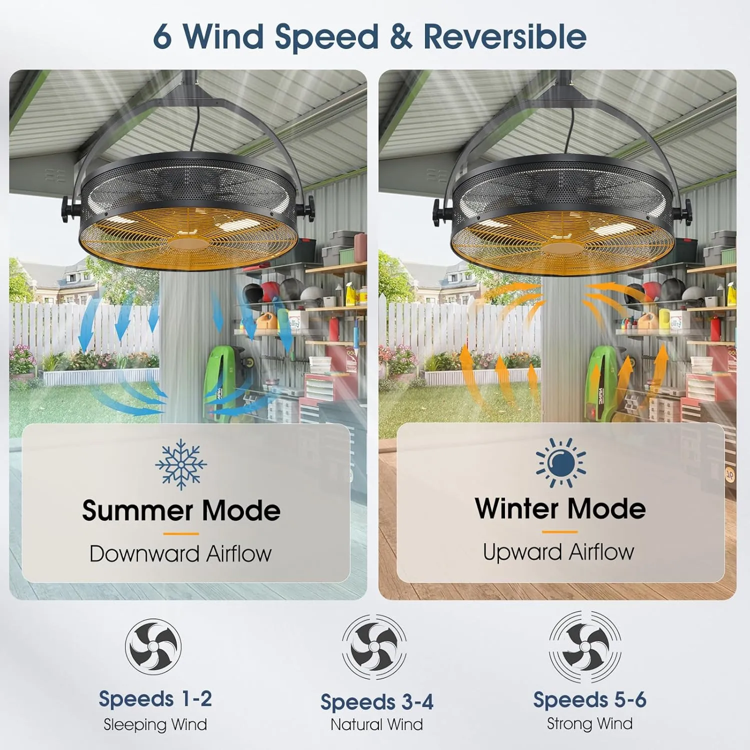Outdoor Ceiling Fans with Lights for Garage,Gazebo Fan with Hook Remote&APP Control,Dimmable Hanging Fan with Plug in Cord for Pergola、Patios,Yellow