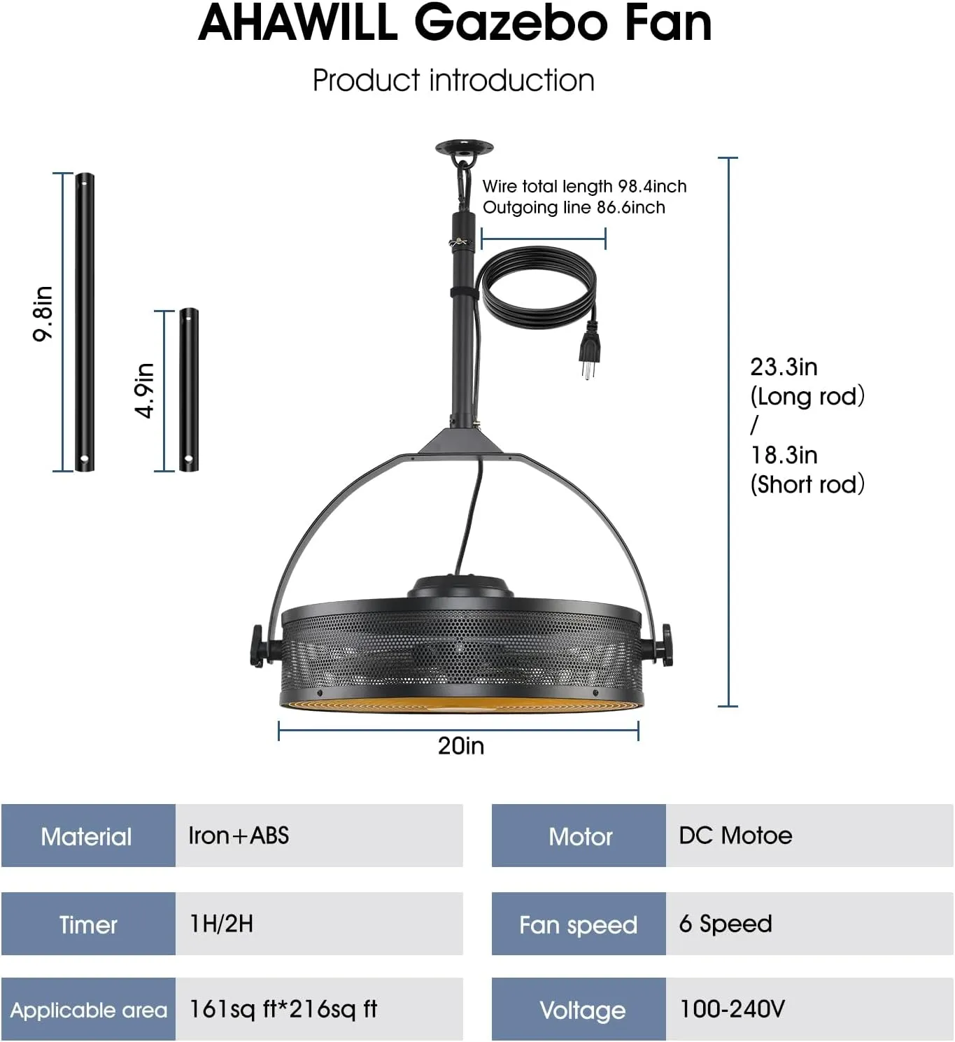 Outdoor Ceiling Fans with Lights for Garage,Gazebo Fan with Hook Remote&APP Control,Dimmable Hanging Fan with Plug in Cord for Pergola、Patios,Yellow