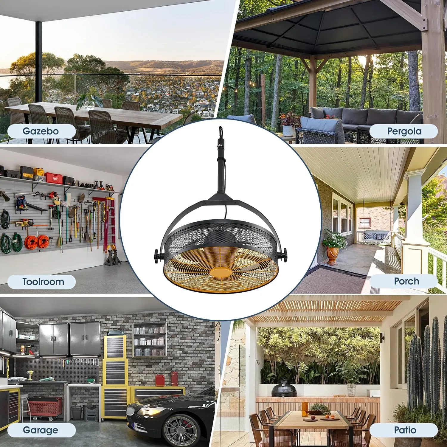Outdoor Ceiling Fans with Lights for Garage,Gazebo Fan with Hook Remote&APP Control,Dimmable Hanging Fan with Plug in Cord for Pergola、Patios,Yellow