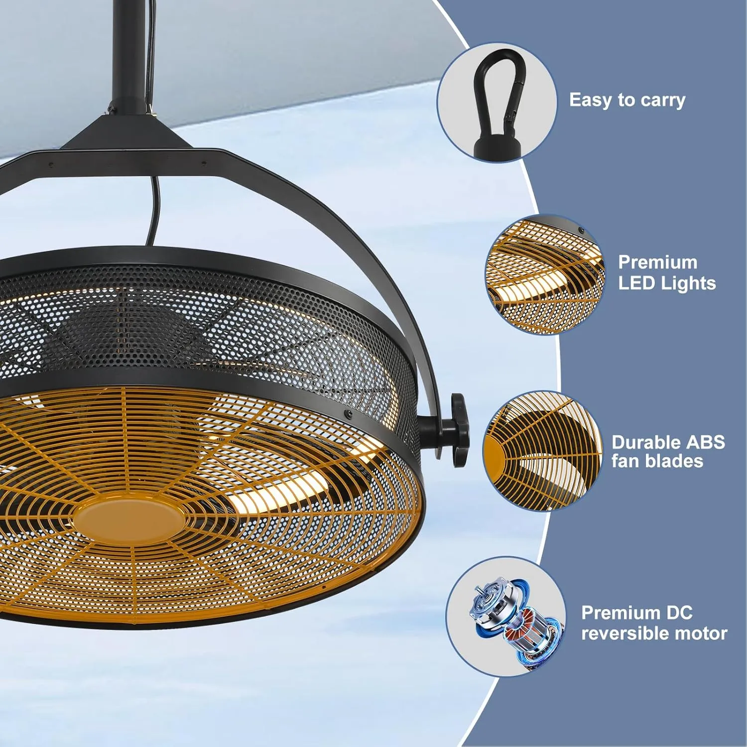 Outdoor Ceiling Fans with Lights for Garage,Gazebo Fan with Hook Remote&APP Control,Dimmable Hanging Fan with Plug in Cord for Pergola、Patios,Yellow