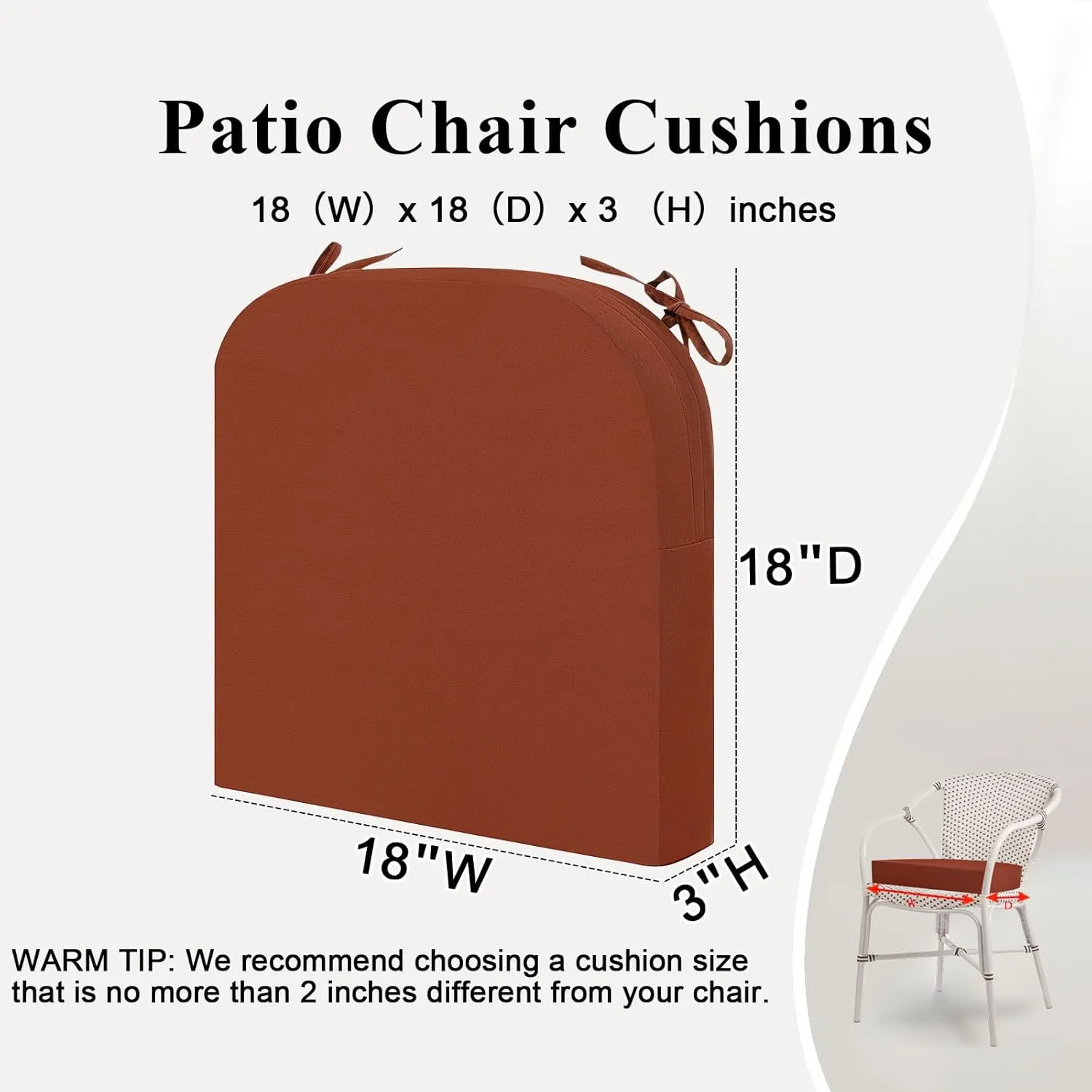 Outdoor Chair Cushions Set of 2, Waterproof Memory Foam Patio Seat Cushions with Ties for Garden Sofa & Dining Furniture, 3-Year Color Fastness, 18x18x3 Inch, Spcie