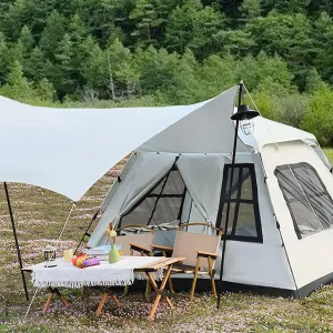 Outdoor Double Pop Up Tents for Camping, 4-Person Instant Blackout Tents for Family with Vestibule and Rainfly, 4 Season Lightweight Family Bell Tents, Easy to Assemble (White 240 * 240 * 175cm)