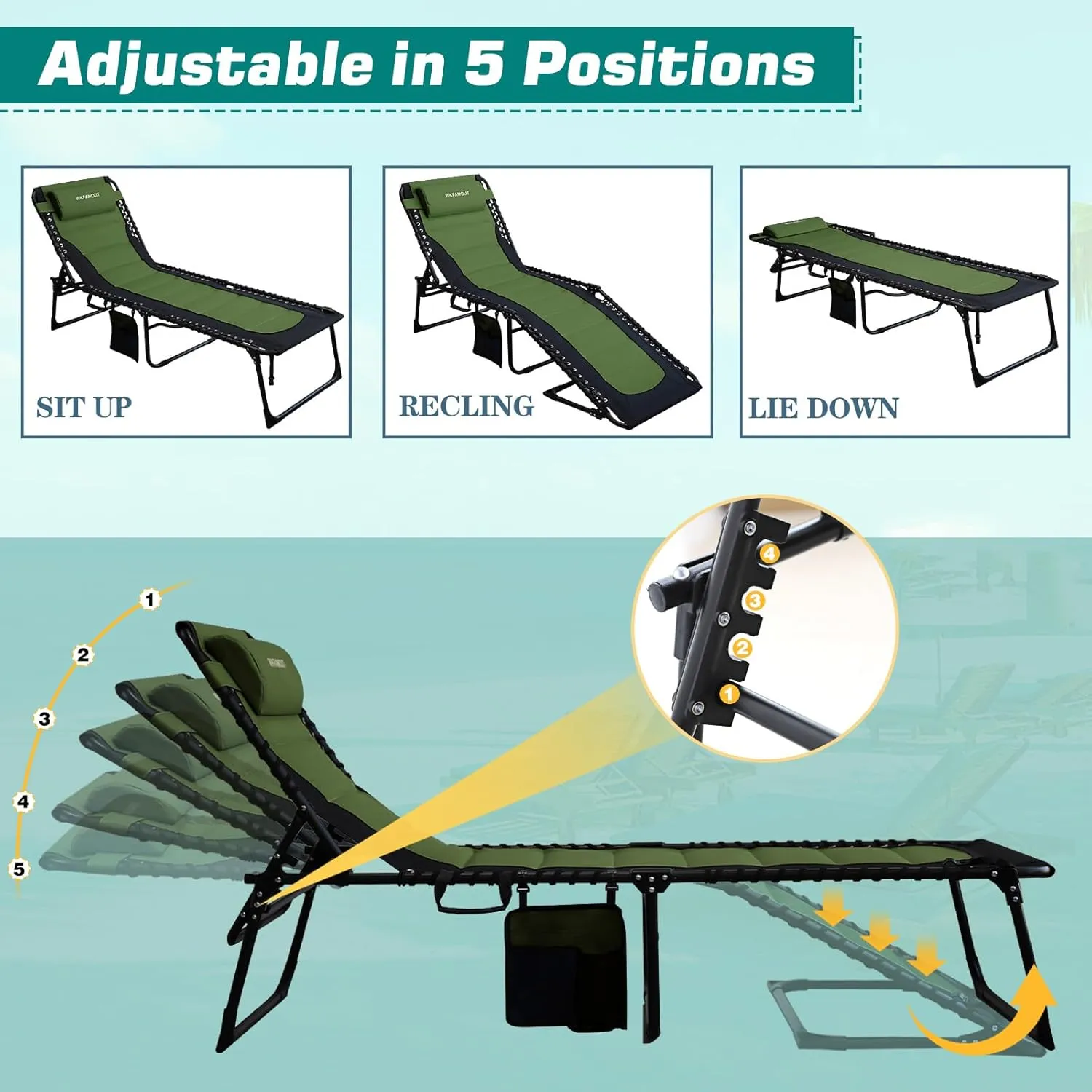 Outdoor Folding Lounge Chair Padded for Adults 330Ibs Patio Chaise Lounge Chair for Outside Adjustable 5-Position Reclining Beach Chair with Pillow Pocket