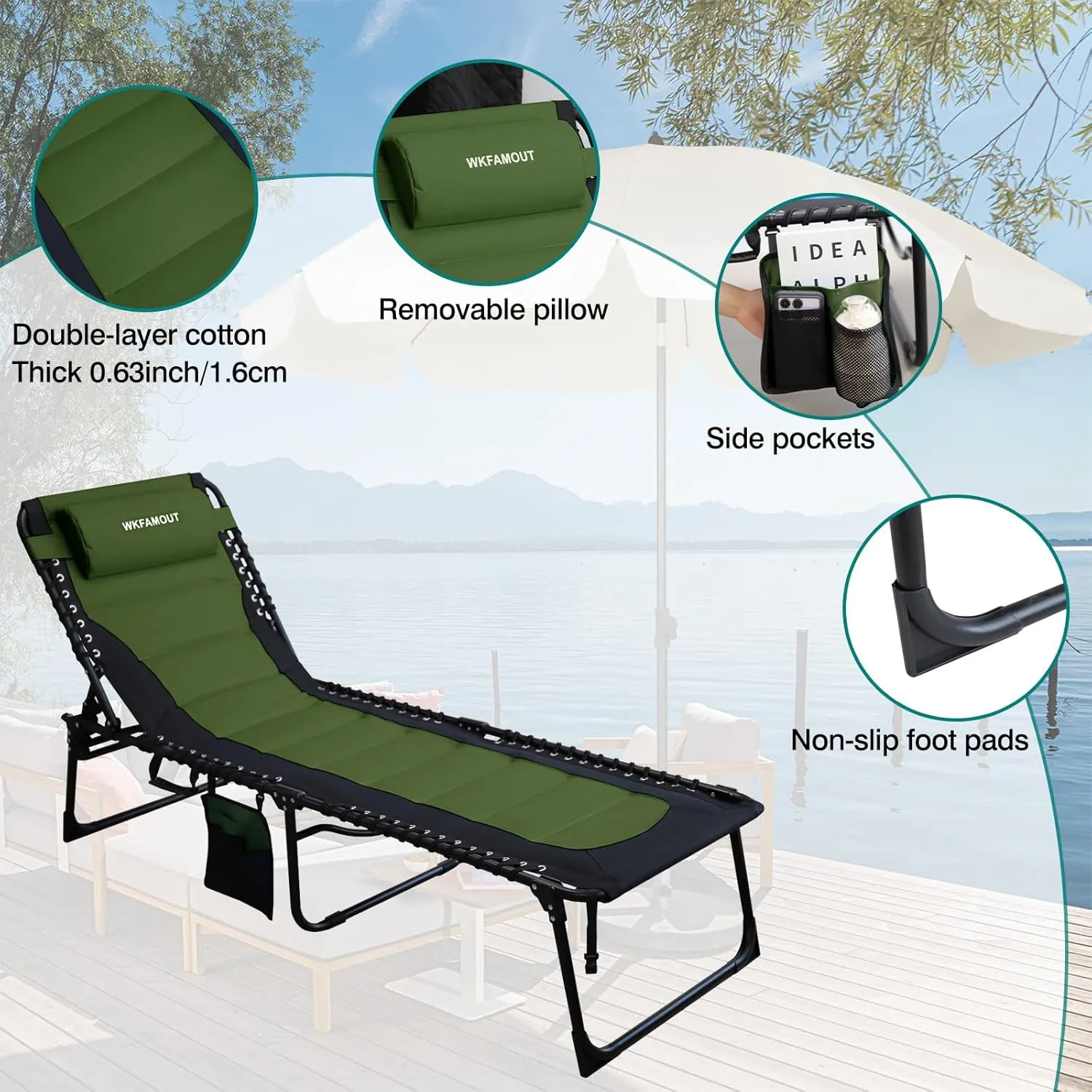 Outdoor Folding Lounge Chair Padded for Adults 330Ibs Patio Chaise Lounge Chair for Outside Adjustable 5-Position Reclining Beach Chair with Pillow Pocket