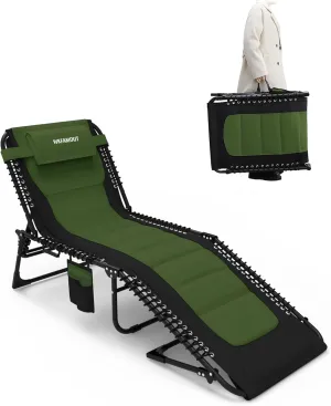 Outdoor Folding Lounge Chair Padded for Adults 330Ibs Patio Chaise Lounge Chair for Outside Adjustable 5-Position Reclining Beach Chair with Pillow Pocket