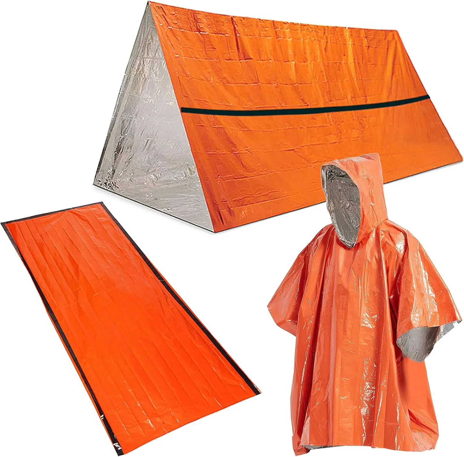 Outdoor Poncho Outdoor Emergency Survival Gear Heat Reflective Thermal Poncho Raincoat with Sleeping Bag and Tent Shelter for Camping Hiking