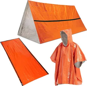 Outdoor Poncho Outdoor Emergency Survival Gear Heat Reflective Thermal Poncho Raincoat with Sleeping Bag and Tent Shelter for Camping Hiking