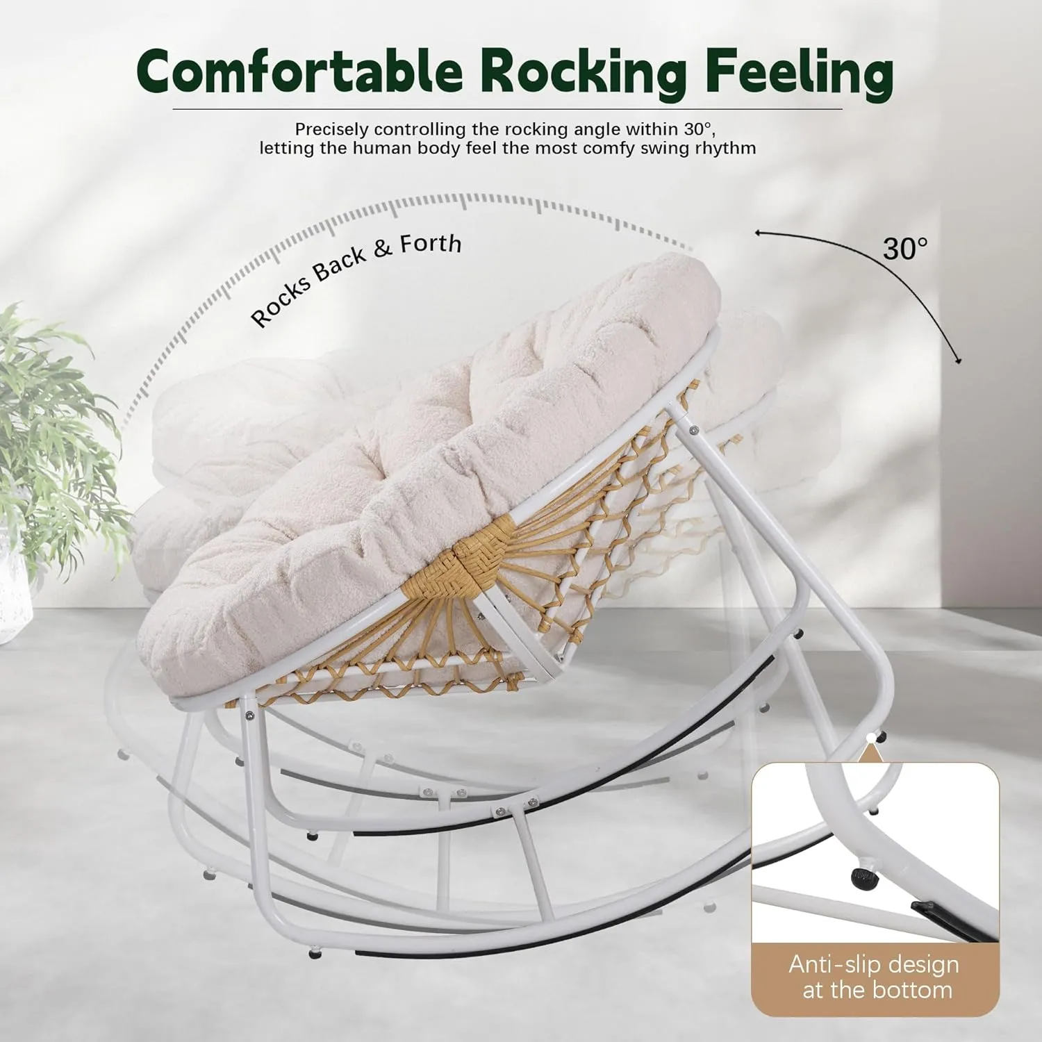 Outdoor Round Rocking Chair, Patio Wicker Egg Chair, Comfy Oversized Papasan Chair with Beige Padded Cushion, Royal Rattan Rocker for Living Room, Front Porch, Patio