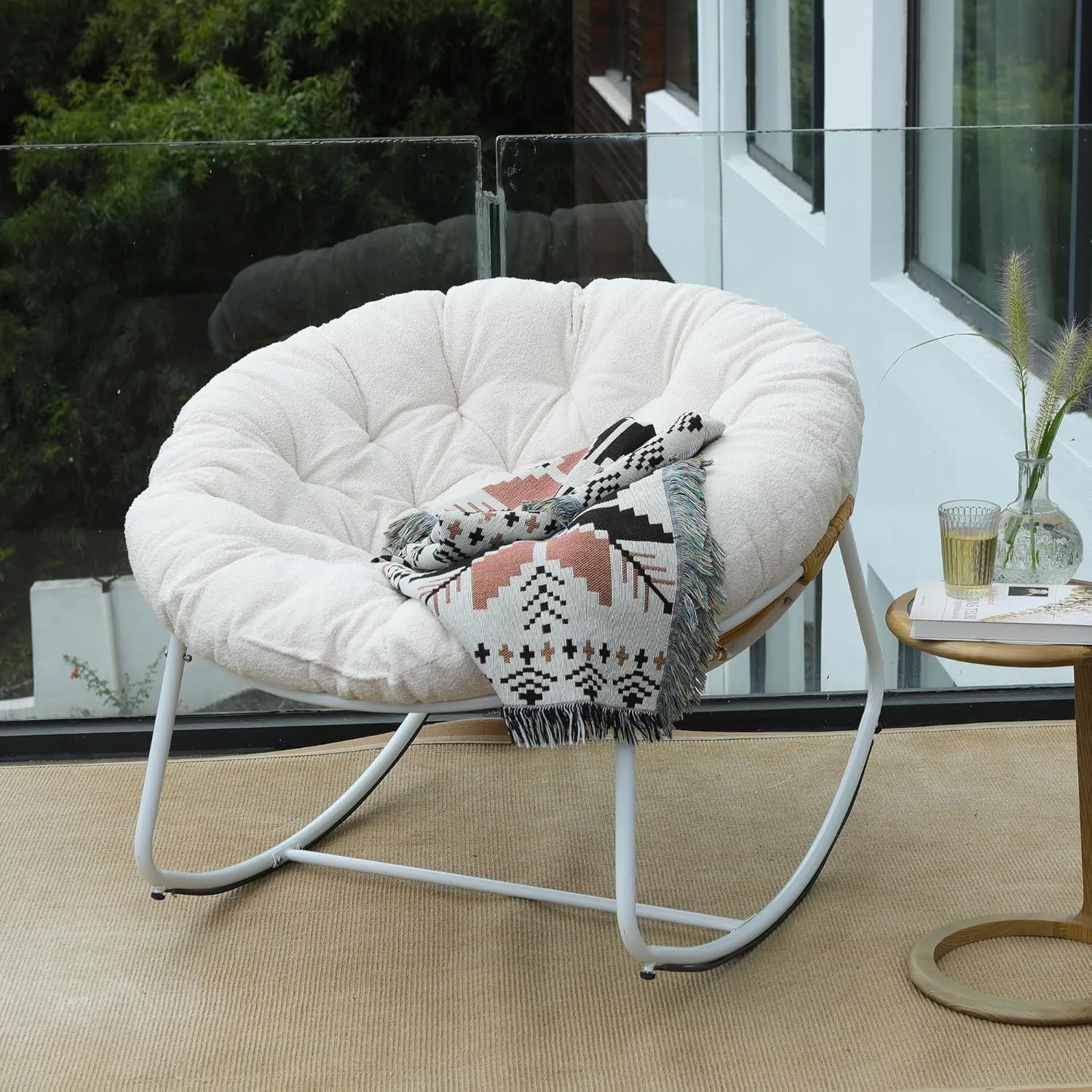 Outdoor Round Rocking Chair, Patio Wicker Egg Chair, Comfy Oversized Papasan Chair with Beige Padded Cushion, Royal Rattan Rocker for Living Room, Front Porch, Patio