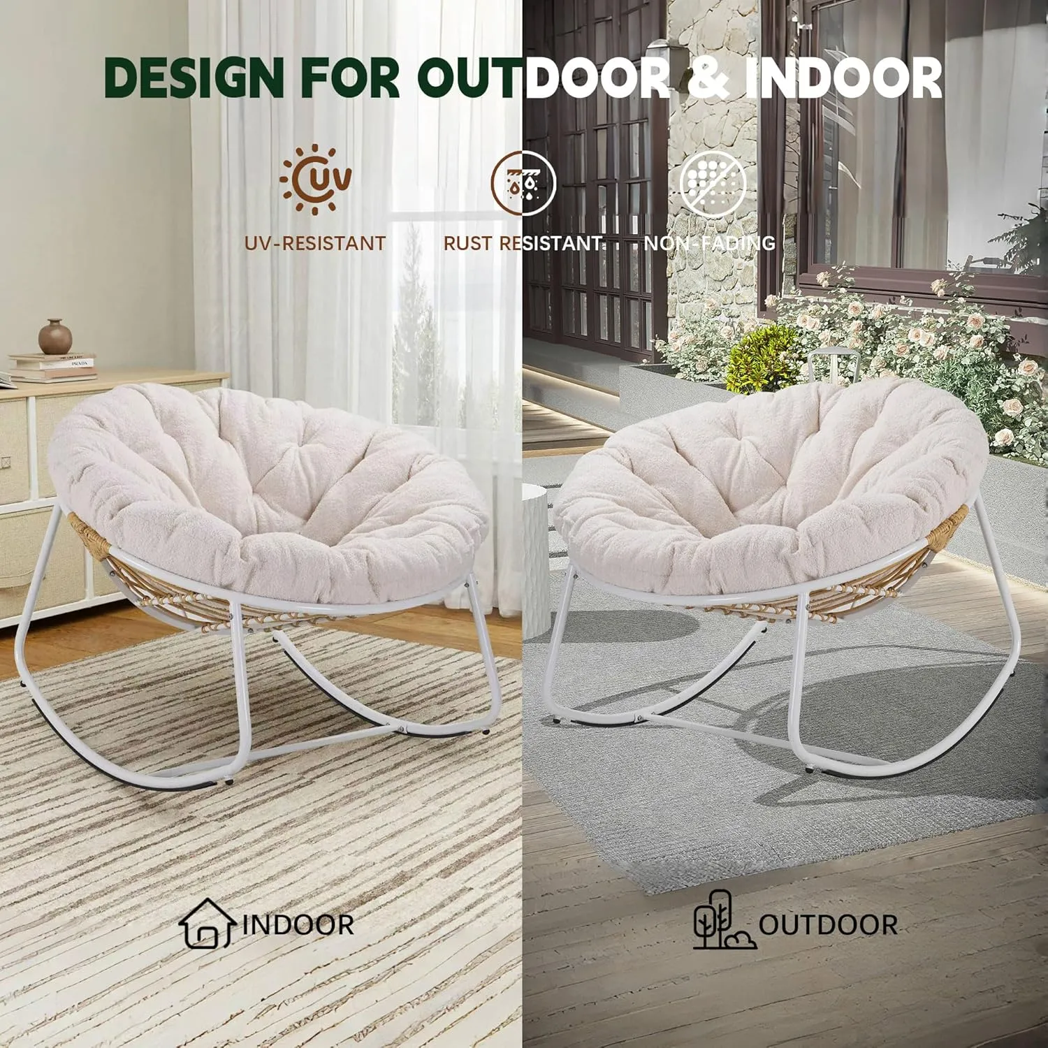 Outdoor Round Rocking Chair, Patio Wicker Egg Chair, Comfy Oversized Papasan Chair with Beige Padded Cushion, Royal Rattan Rocker for Living Room, Front Porch, Patio