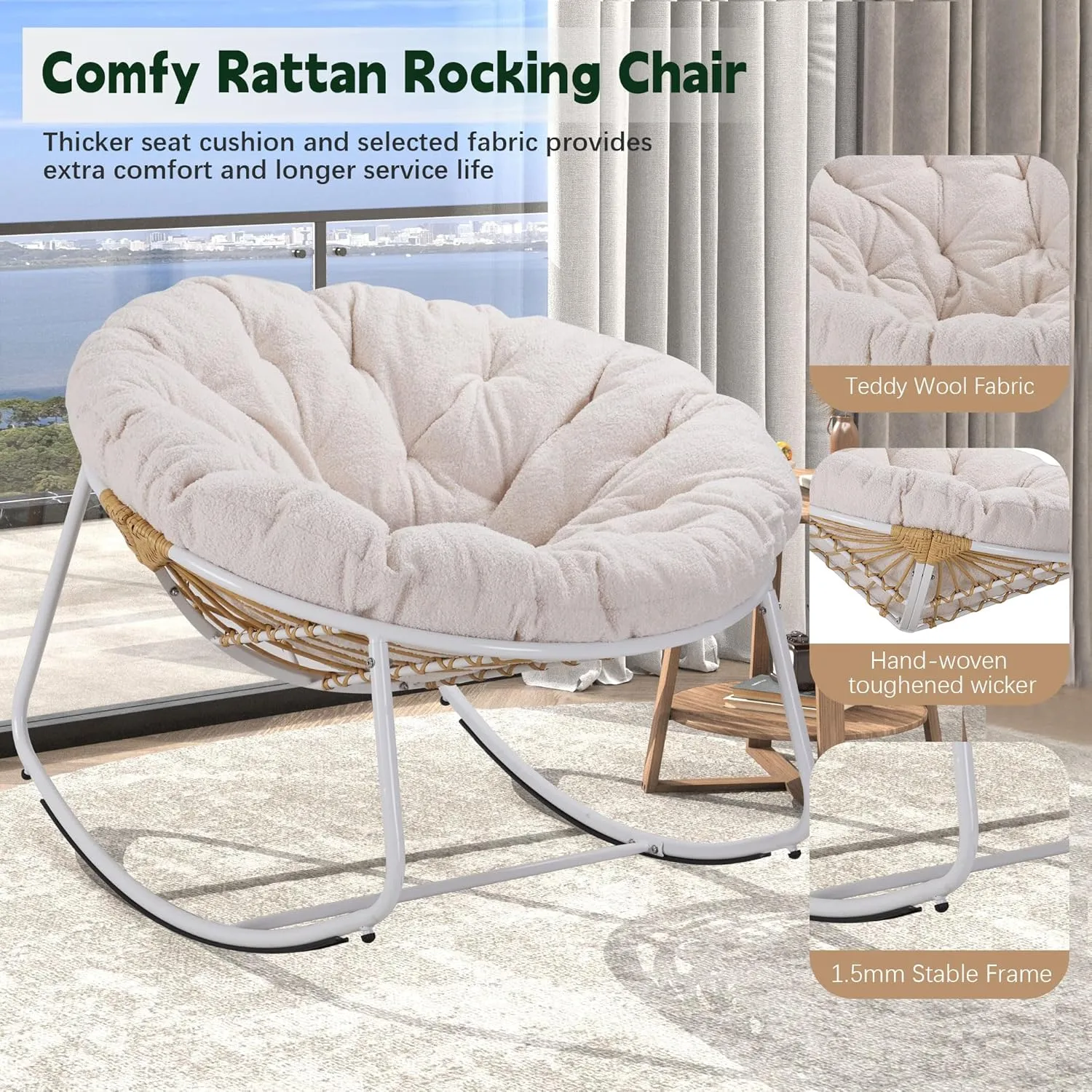 Outdoor Round Rocking Chair, Patio Wicker Egg Chair, Comfy Oversized Papasan Chair with Beige Padded Cushion, Royal Rattan Rocker for Living Room, Front Porch, Patio