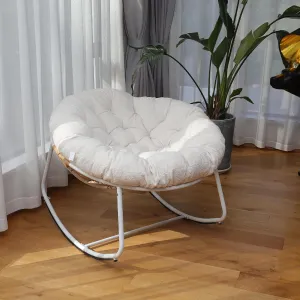 Outdoor Round Rocking Chair, Patio Wicker Egg Chair, Comfy Oversized Papasan Chair with Beige Padded Cushion, Royal Rattan Rocker for Living Room, Front Porch, Patio