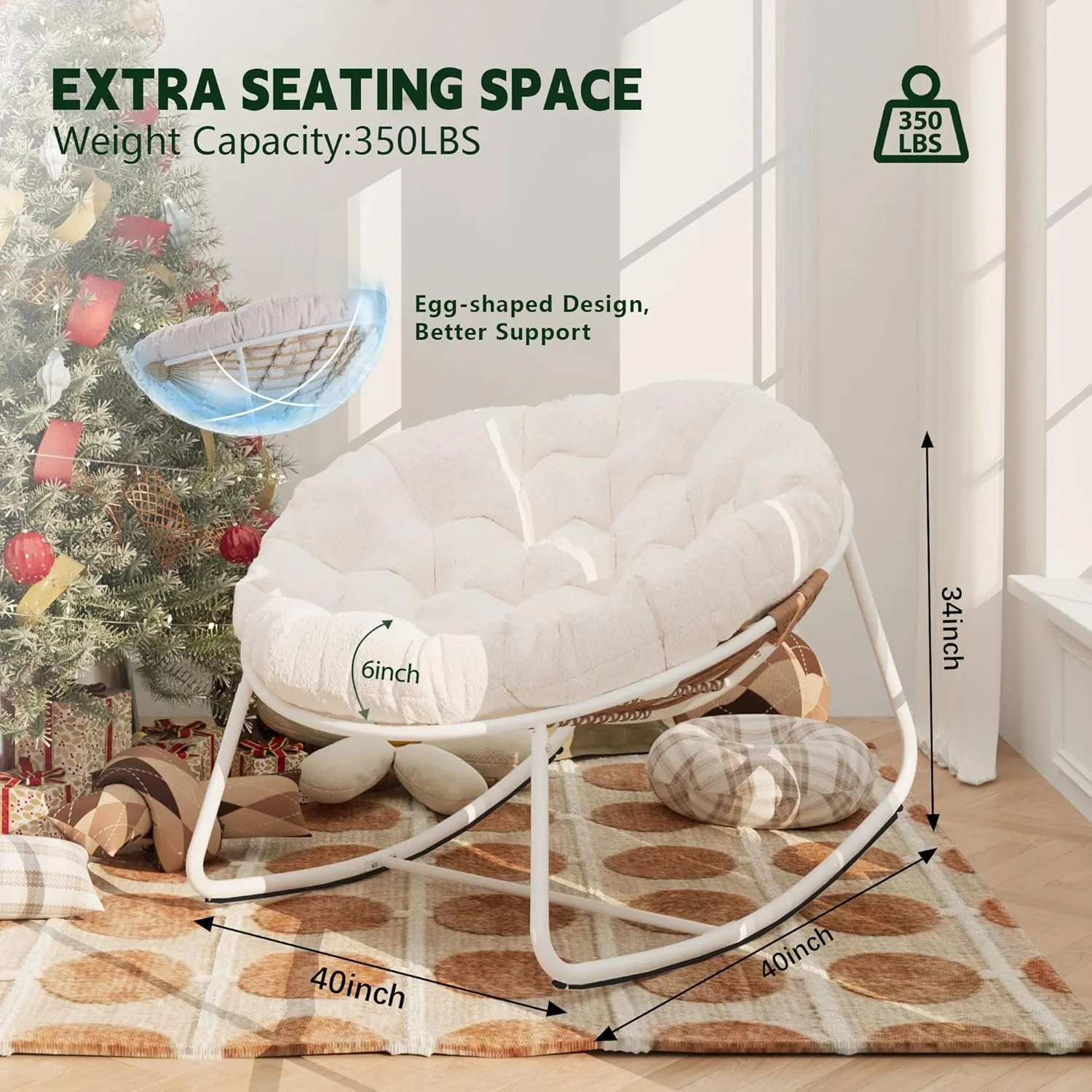 Outdoor Round Rocking Chair, Patio Wicker Egg Chair, Comfy Oversized Papasan Chair with Beige Padded Cushion, Royal Rattan Rocker for Living Room, Front Porch, Patio
