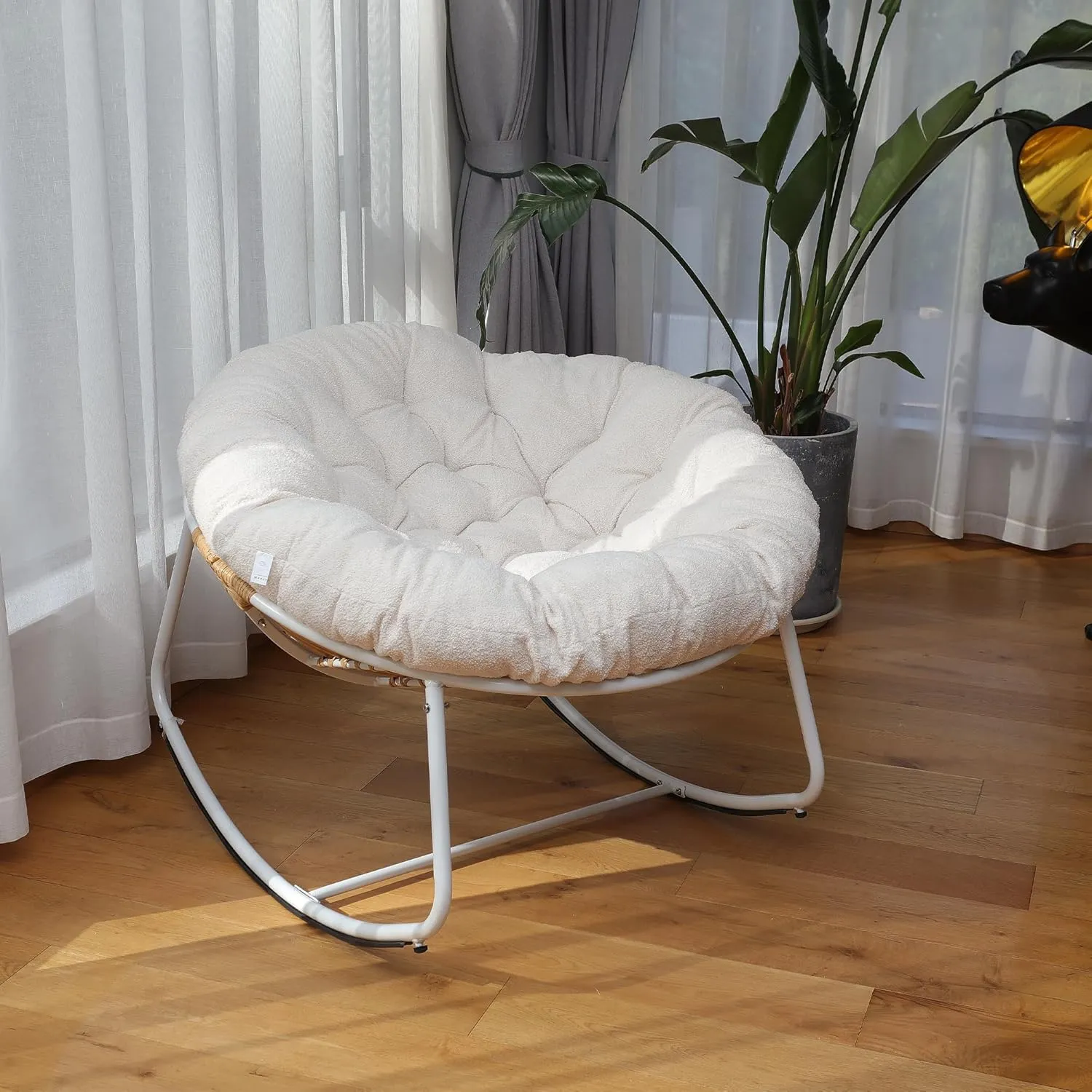 Outdoor Round Rocking Chair, Patio Wicker Egg Chair, Comfy Oversized Papasan Chair with Beige Padded Cushion, Royal Rattan Rocker for Living Room, Front Porch, Patio