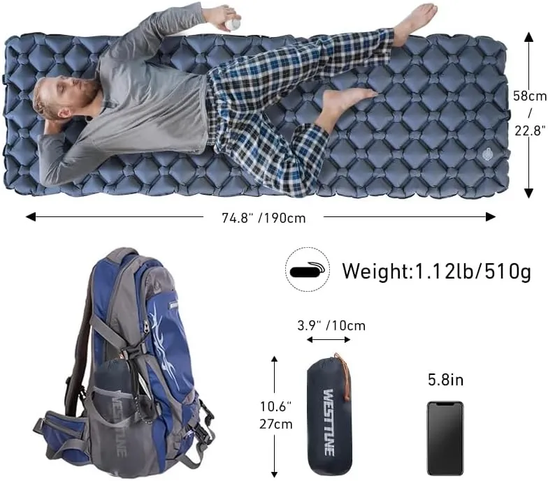 Outdoor Sleeping Pad Camping Inflatable Mattress Ultralight Air Cushion Travel Mat Folding Bed No Headrest for Travel Hiking (Orange)