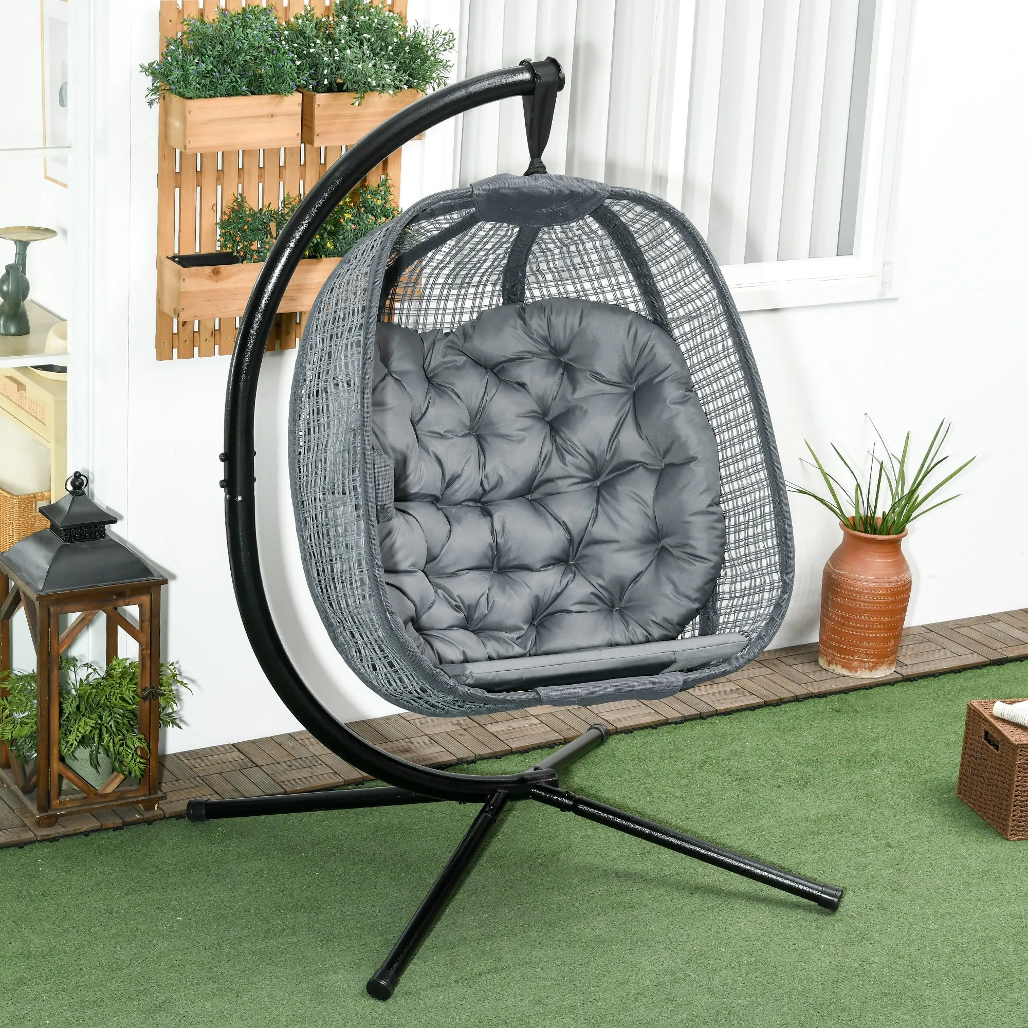 Outdoor Swing Chair with Thick Padded Cushion, Patio Hanging Chair with Metal Stand, Egg Chair with Foldable Basket, Cup Holder, for Indoor and Outdoor, Dark Grey